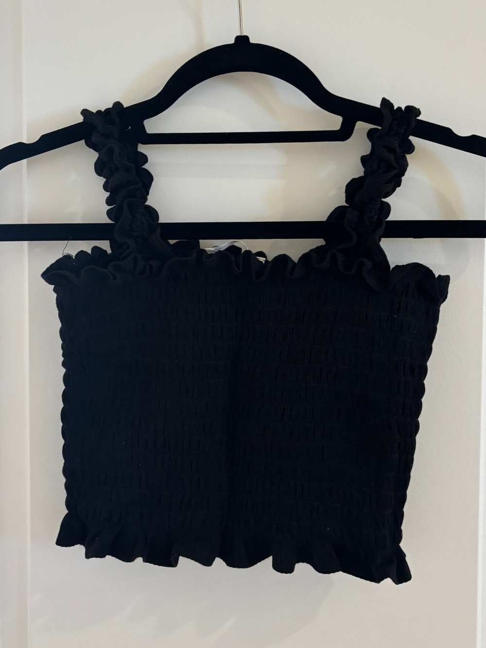 Reformation Black Smocked Ruffle Strap Crop Top